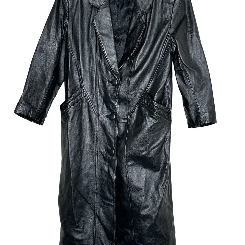 Vintage Donna Pelle PM Black Leather Long Trench Coat Grunge Emu Mobwife Matrix - Picture 3 of 8